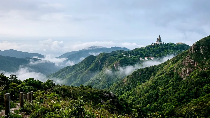 Bronze Tian Tan Buddha among misty green mountains on Lantau Island.