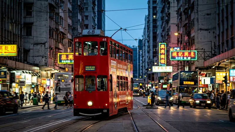 Red double-decker tram travelling along a busy Hong Kong Island street at dusk.